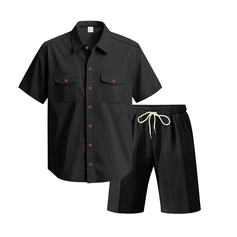 Aura Men’s Casual Corduroy Shirt & Shorts Set