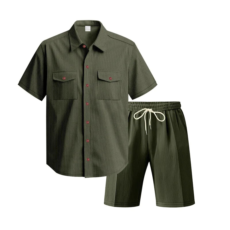 Aura Men’s Casual Corduroy Shirt & Shorts Set