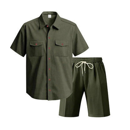 Aura Men’s Casual Corduroy Shirt & Shorts Set