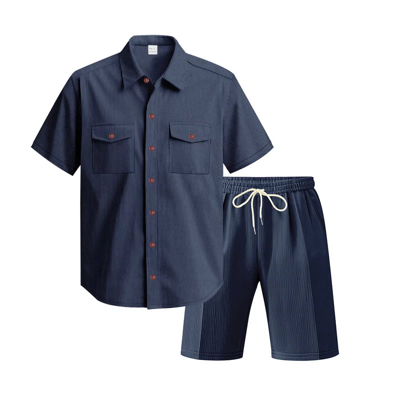 Aura Men’s Casual Corduroy Shirt & Shorts Set