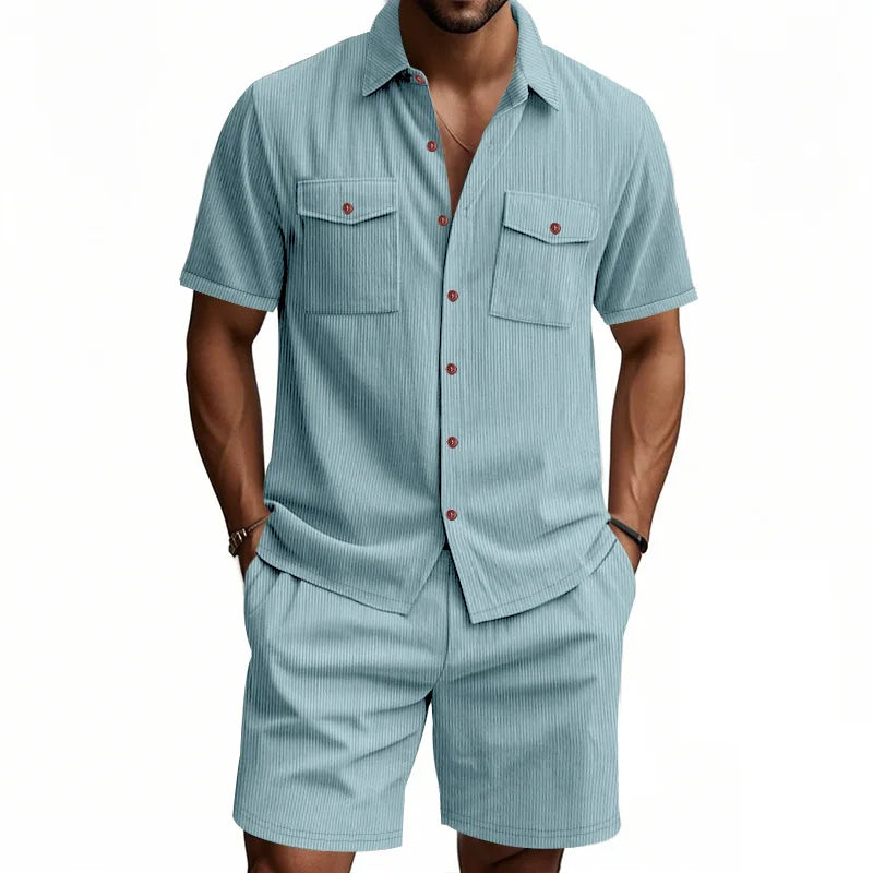 Aura Men’s Casual Corduroy Shirt & Shorts Set