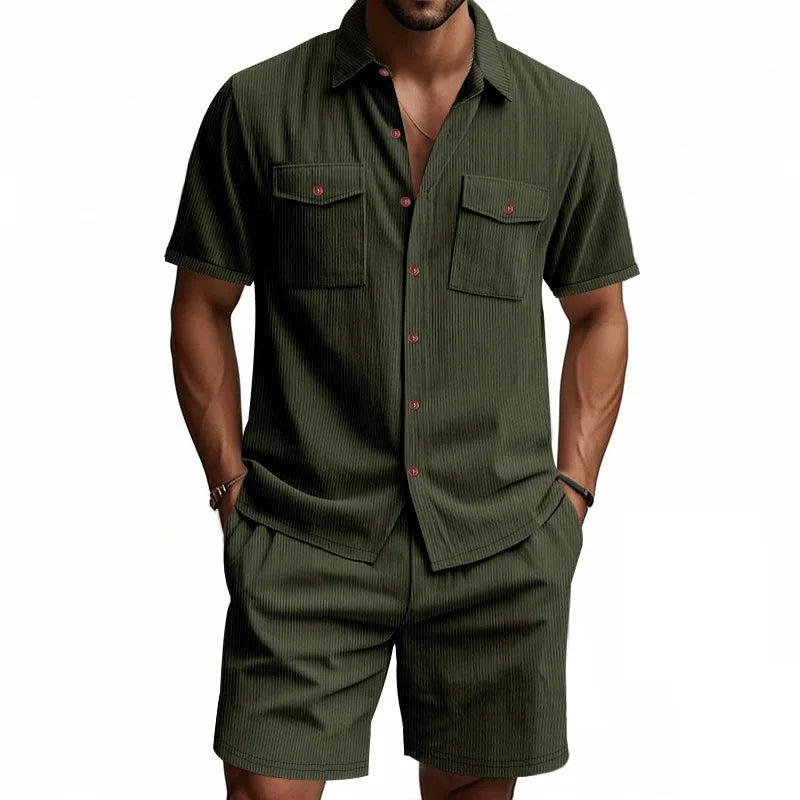 Aura Men’s Casual Corduroy Shirt & Shorts Set