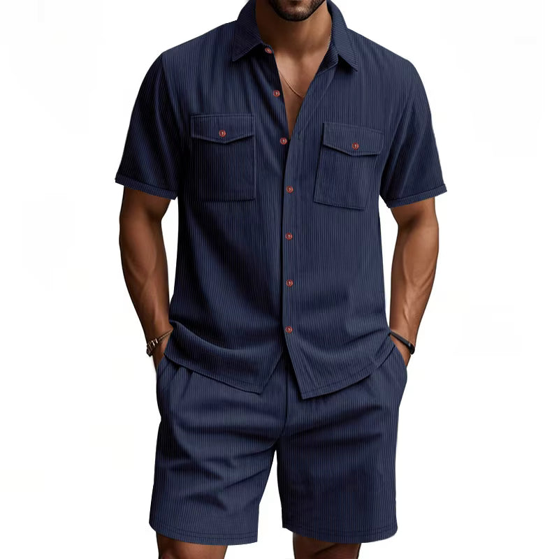 Aura Men’s Casual Corduroy Shirt & Shorts Set