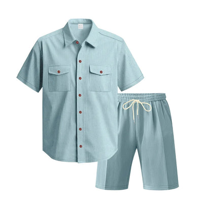 Aura Men’s Casual Corduroy Shirt & Shorts Set