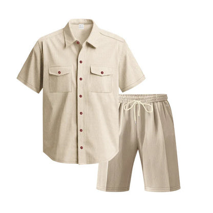 Aura Men’s Casual Corduroy Shirt & Shorts Set