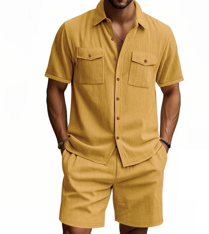 Aura Men’s Casual Corduroy Shirt & Shorts Set